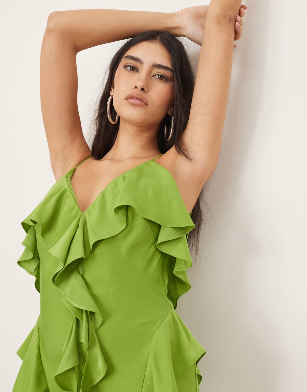 Green Ruffle Tiered Spaghetti Strap Maxi Dress