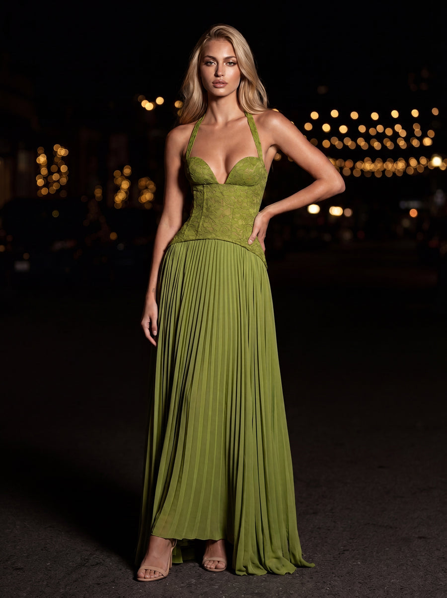 Emerald Glow Halter Pleated Maxi Dress