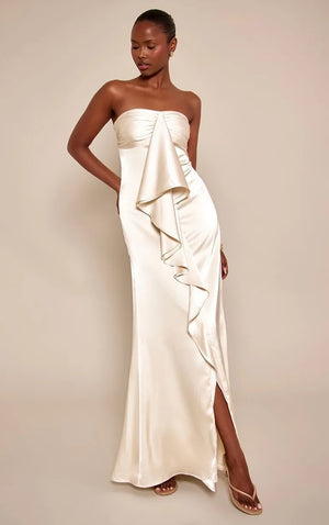 Elegant Draped Satin Strapless Maxi Dress