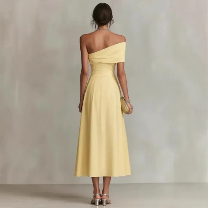 The “Golden Muse” One Shoulder Midi Dress