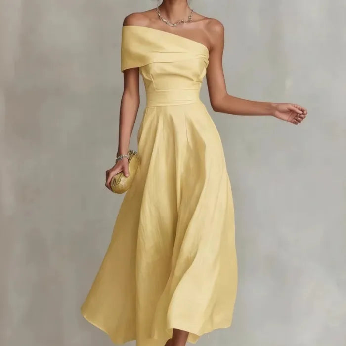 The “Golden Muse” One Shoulder Midi Dress