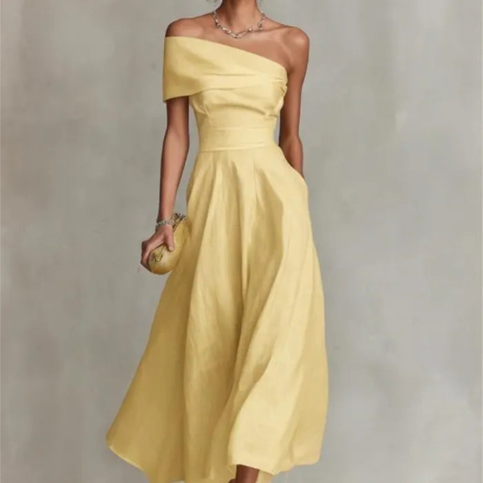 The “Golden Muse” One Shoulder Midi Dress
