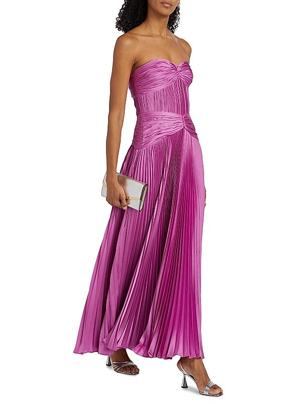Magenta Pleated Strapless Maxi Dress