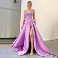 Lavender Satin Beaded Bodice High Slit Evening Gown