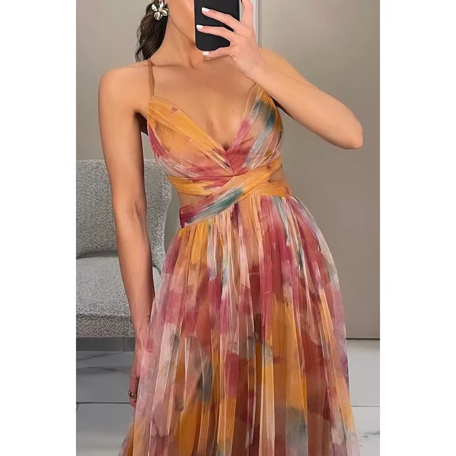 Multicolor Abstract Print Plissé Chiffon Maxi Dress