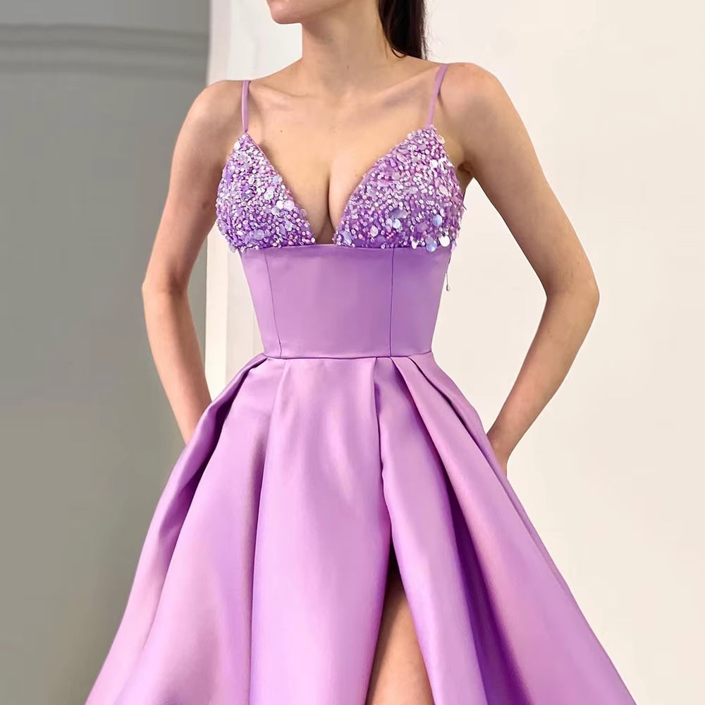 Lavender Satin Beaded Bodice High Slit Evening Gown