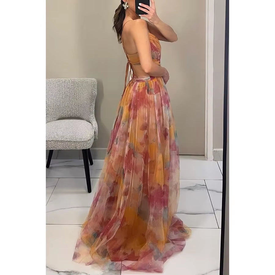 Multicolor Abstract Print Plissé Chiffon Maxi Dress