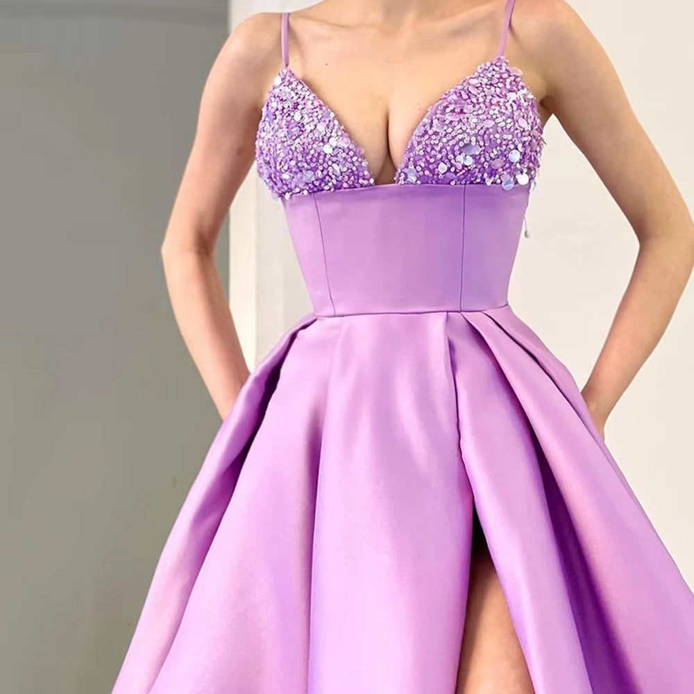 Lavender Satin Beaded Bodice High Slit Evening Gown