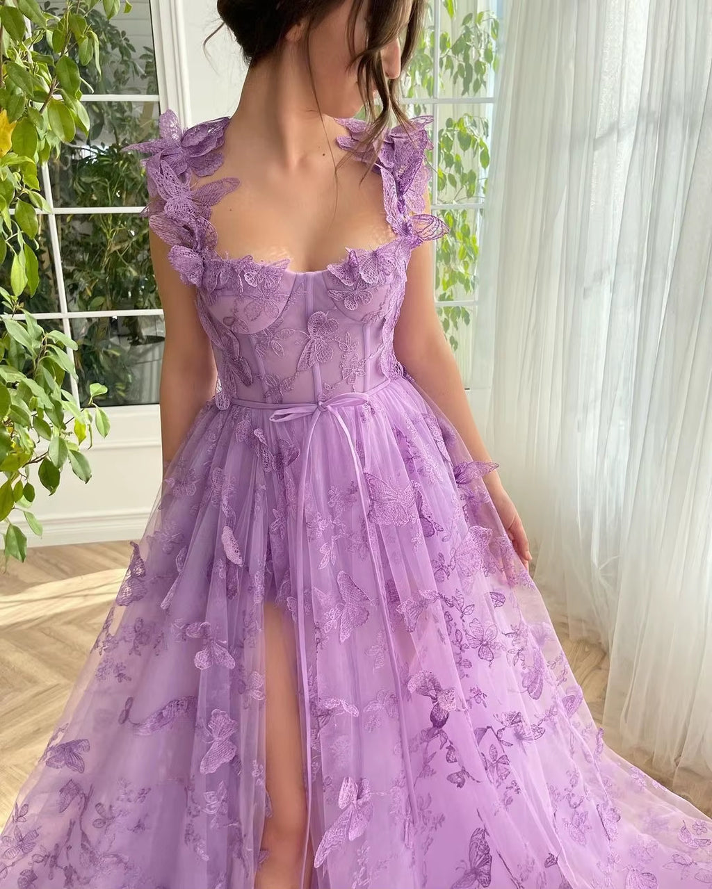 Lavender Floral Appliqué Tulle Princess Maxi Dress