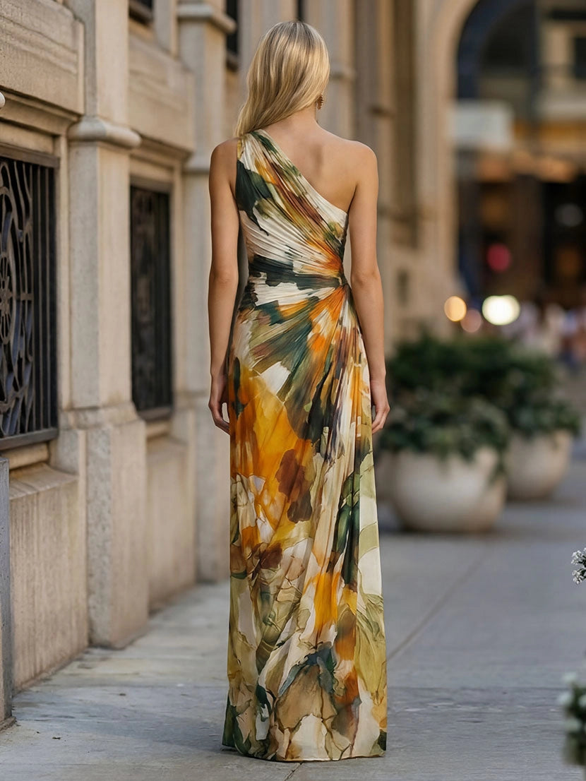 Watercolor Abstract Print Flowing Maxi Dress