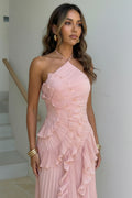 Pink Pleated Ruffle Halter Neck Maxi Dress