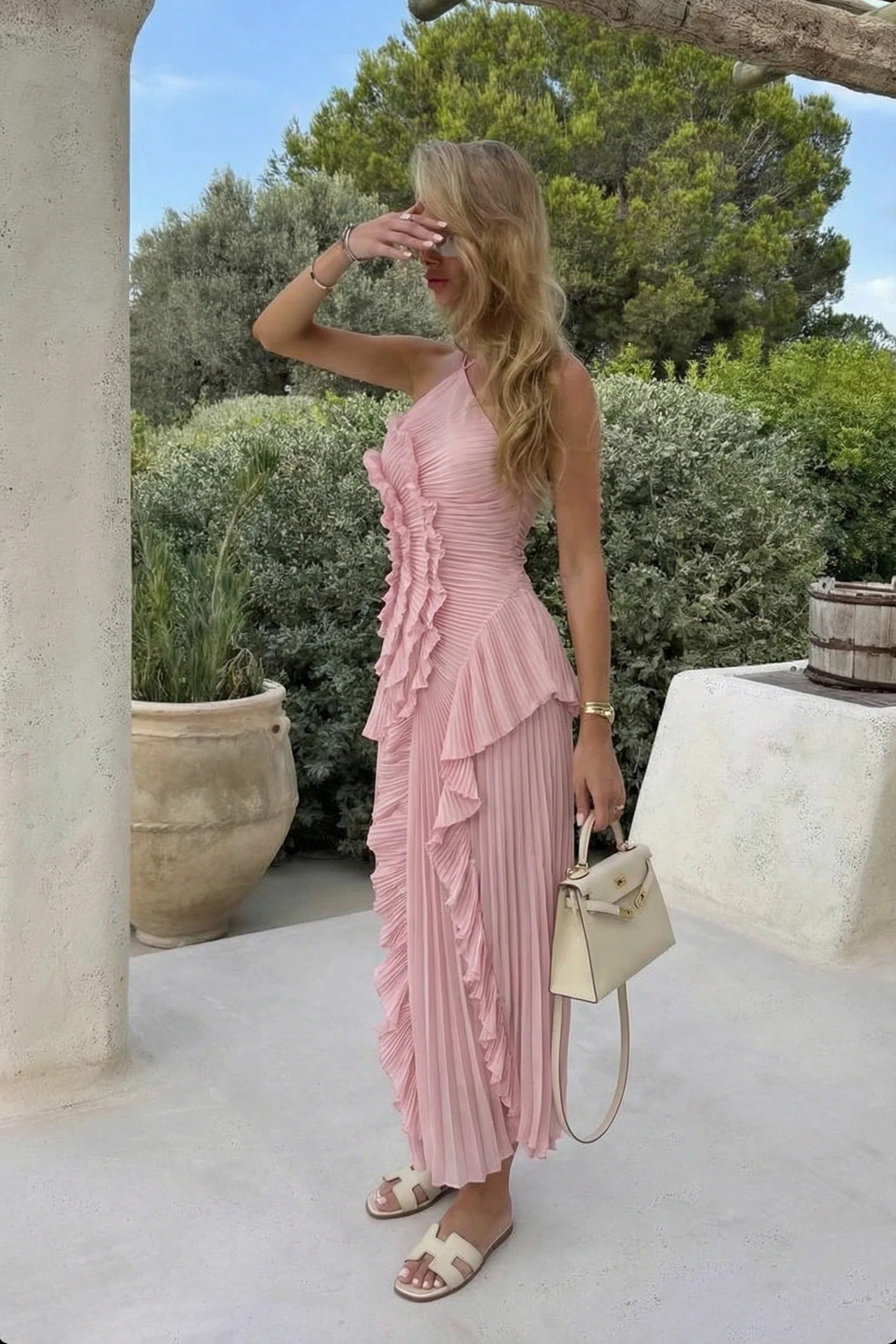 Pink Pleated Ruffle Halter Neck Maxi Dress