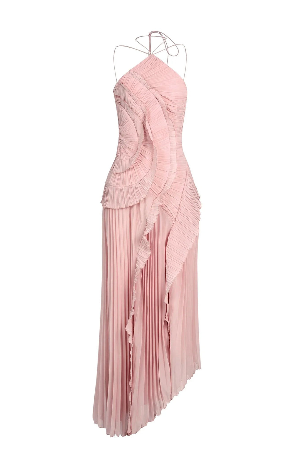 Pink Pleated Ruffle Halter Neck Maxi Dress
