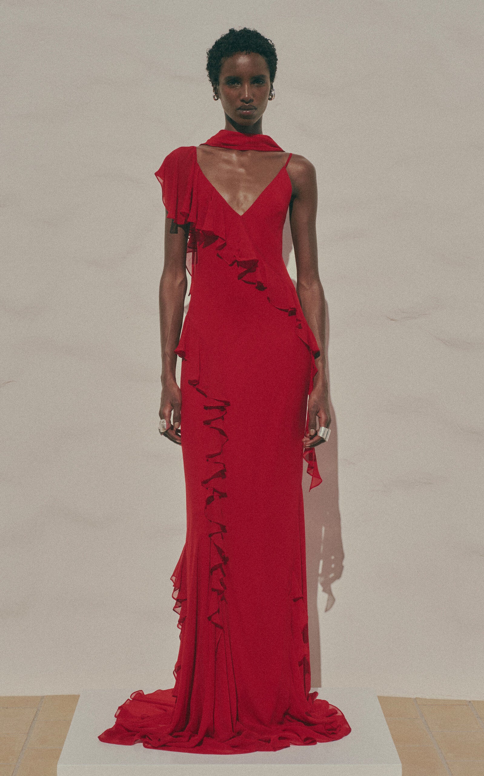 Red Ruffle Detail Halter Neck Maxi Dress