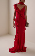 Red Ruffle Detail Halter Neck Maxi Dress
