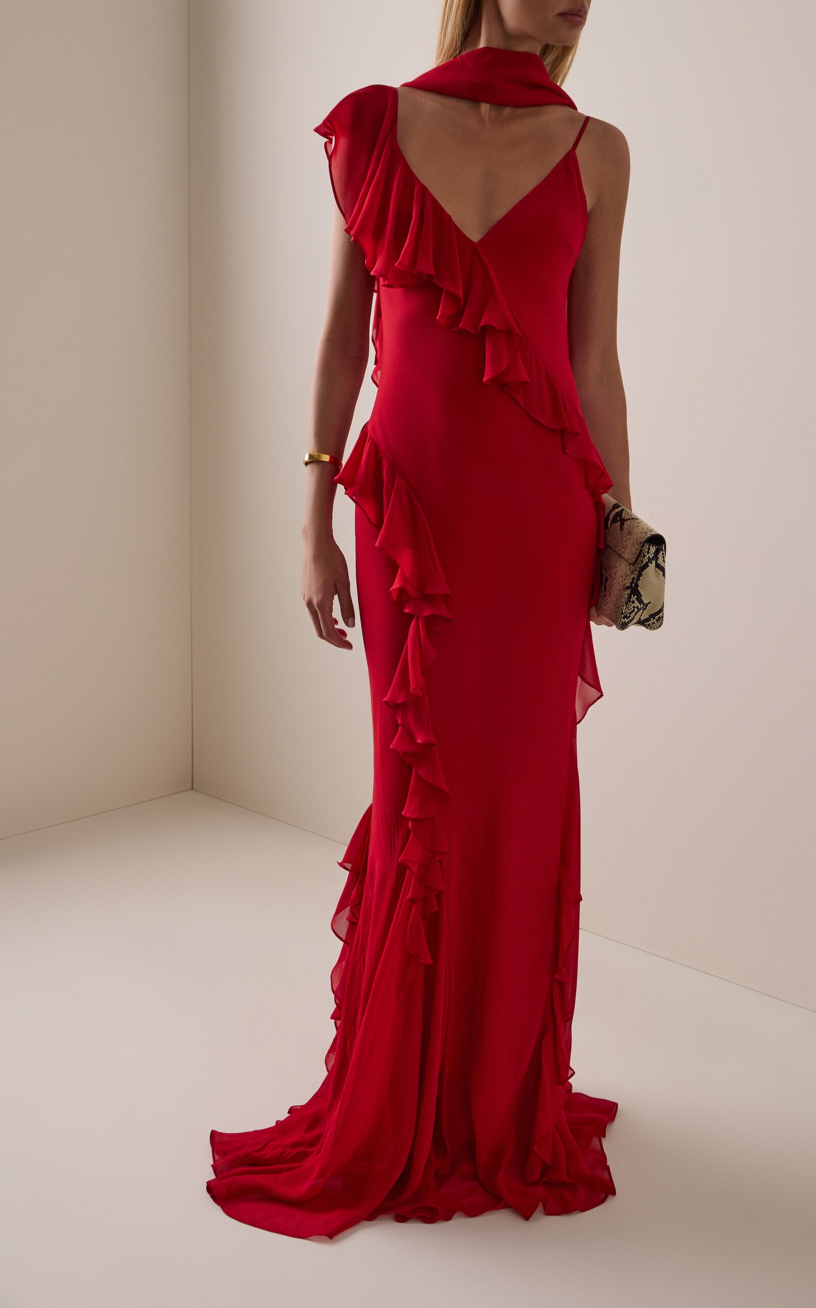 Red Ruffle Detail Halter Neck Maxi Dress