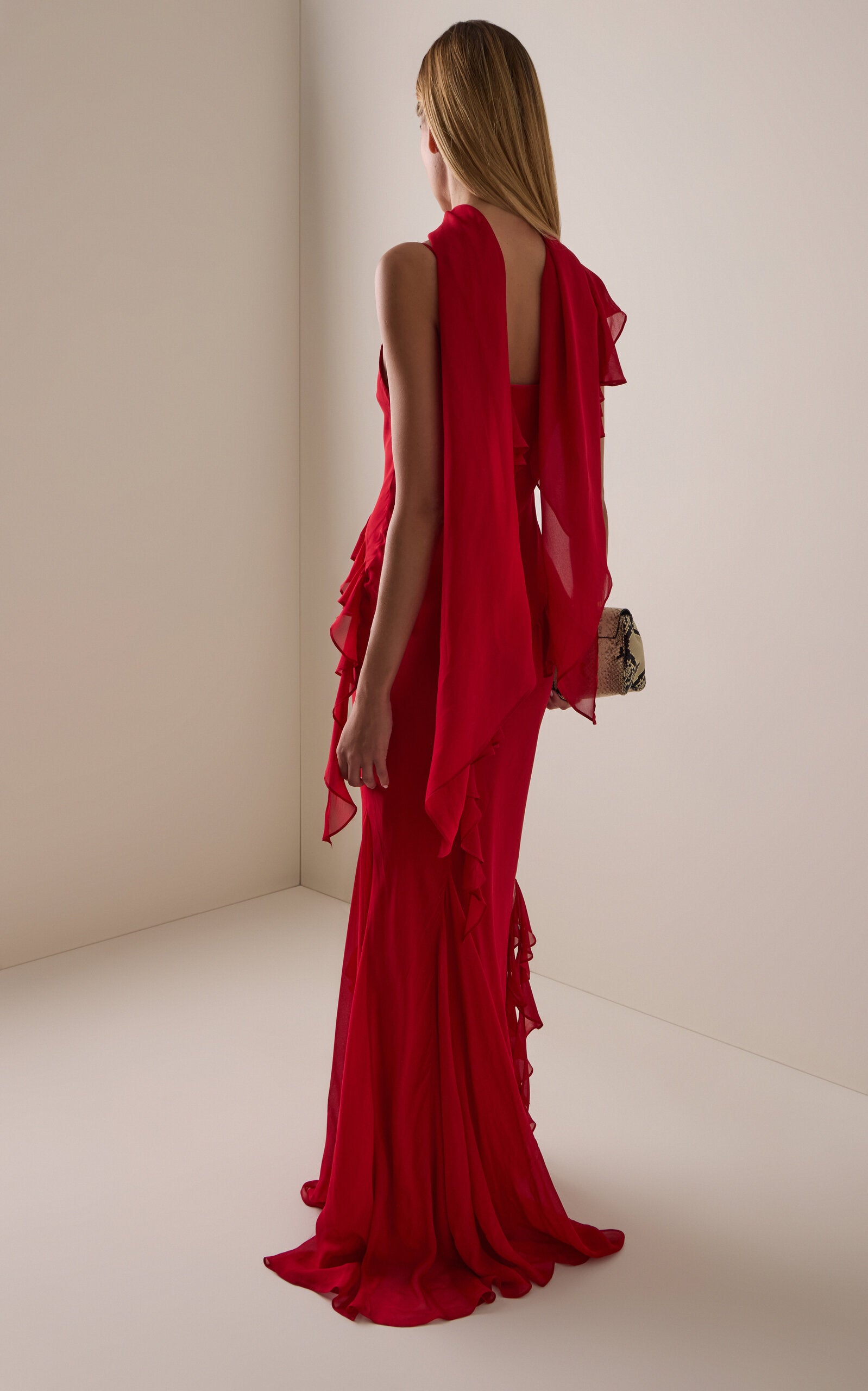 Red Ruffle Detail Halter Neck Maxi Dress