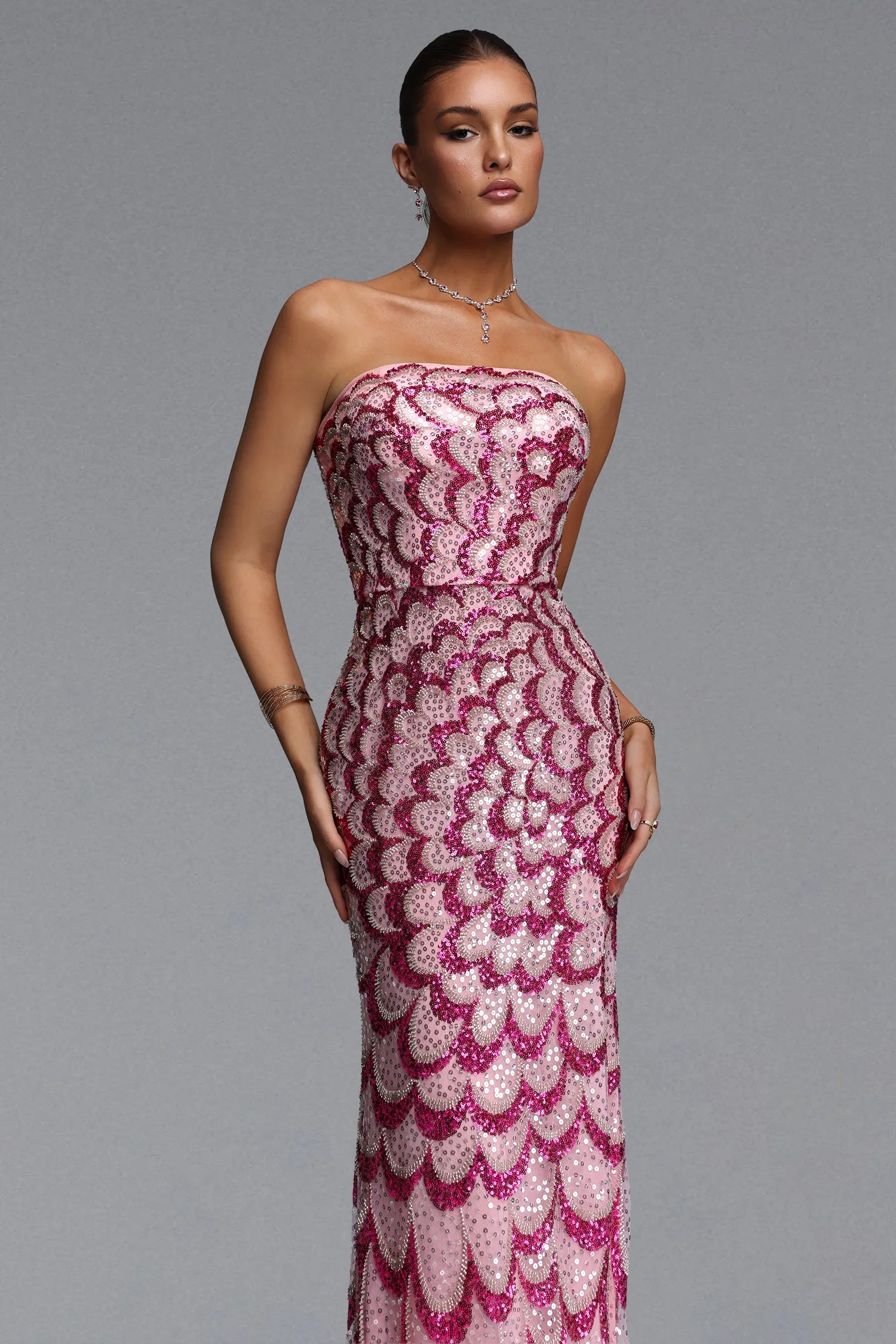 Pink Sequin Scalloped Strapless Mermaid Evening Gown
