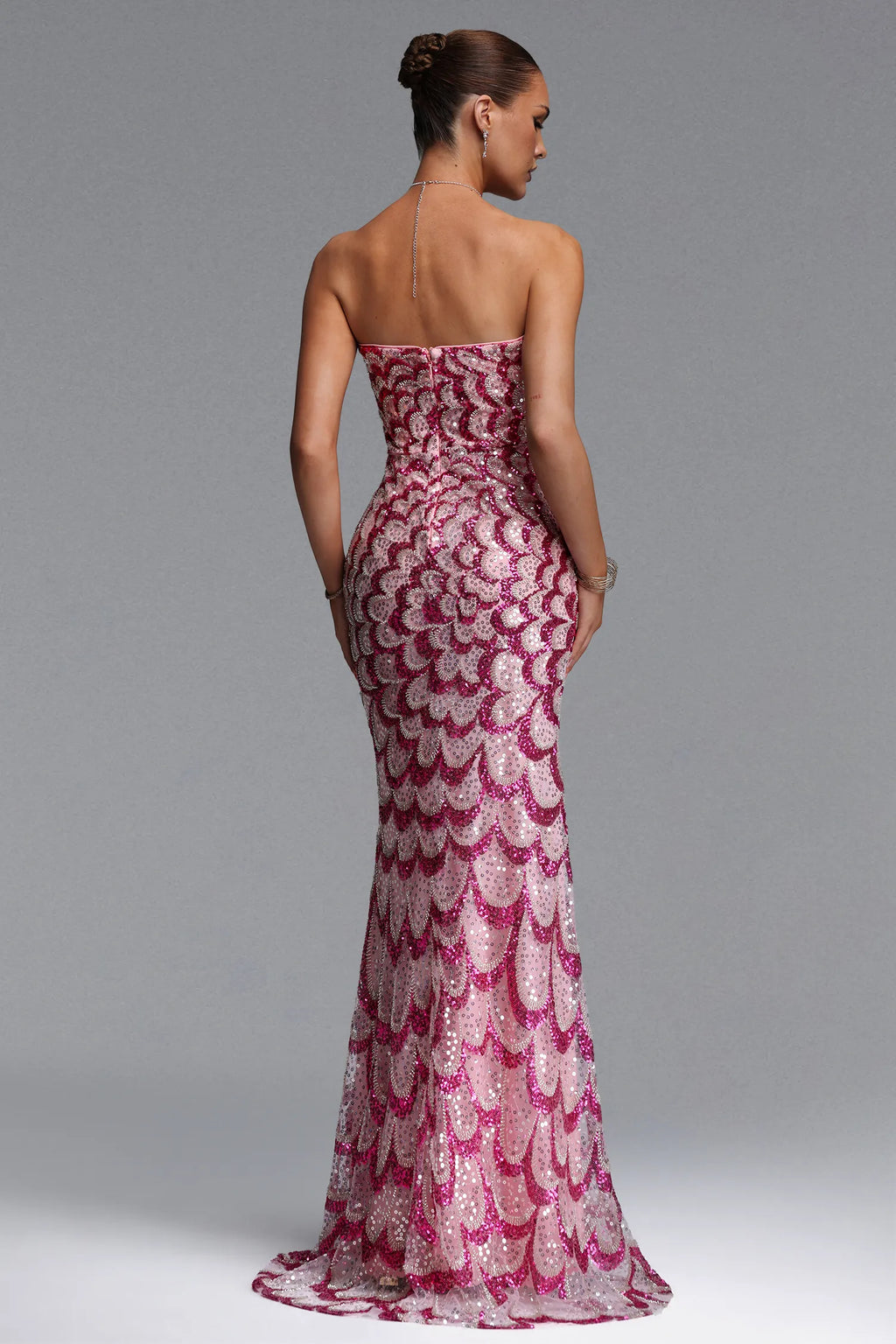 Pink Sequin Scalloped Strapless Mermaid Evening Gown