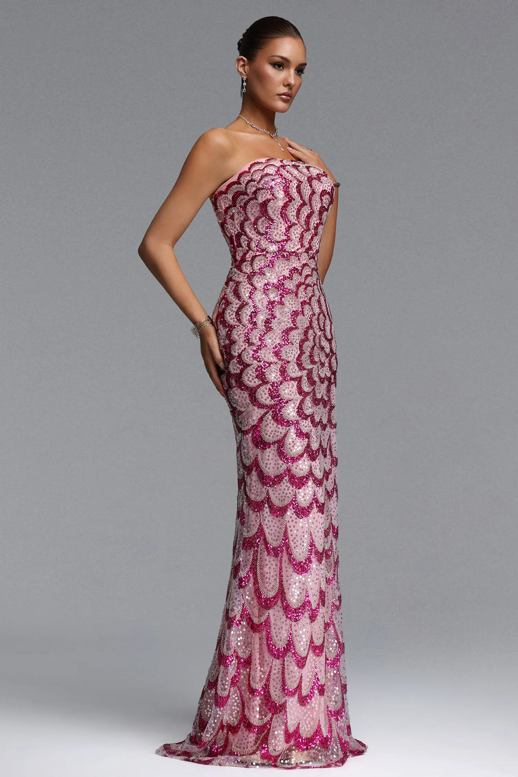 Pink Sequin Scalloped Strapless Mermaid Evening Gown