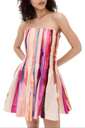 Stripe Strapless Pleated Mini Dress