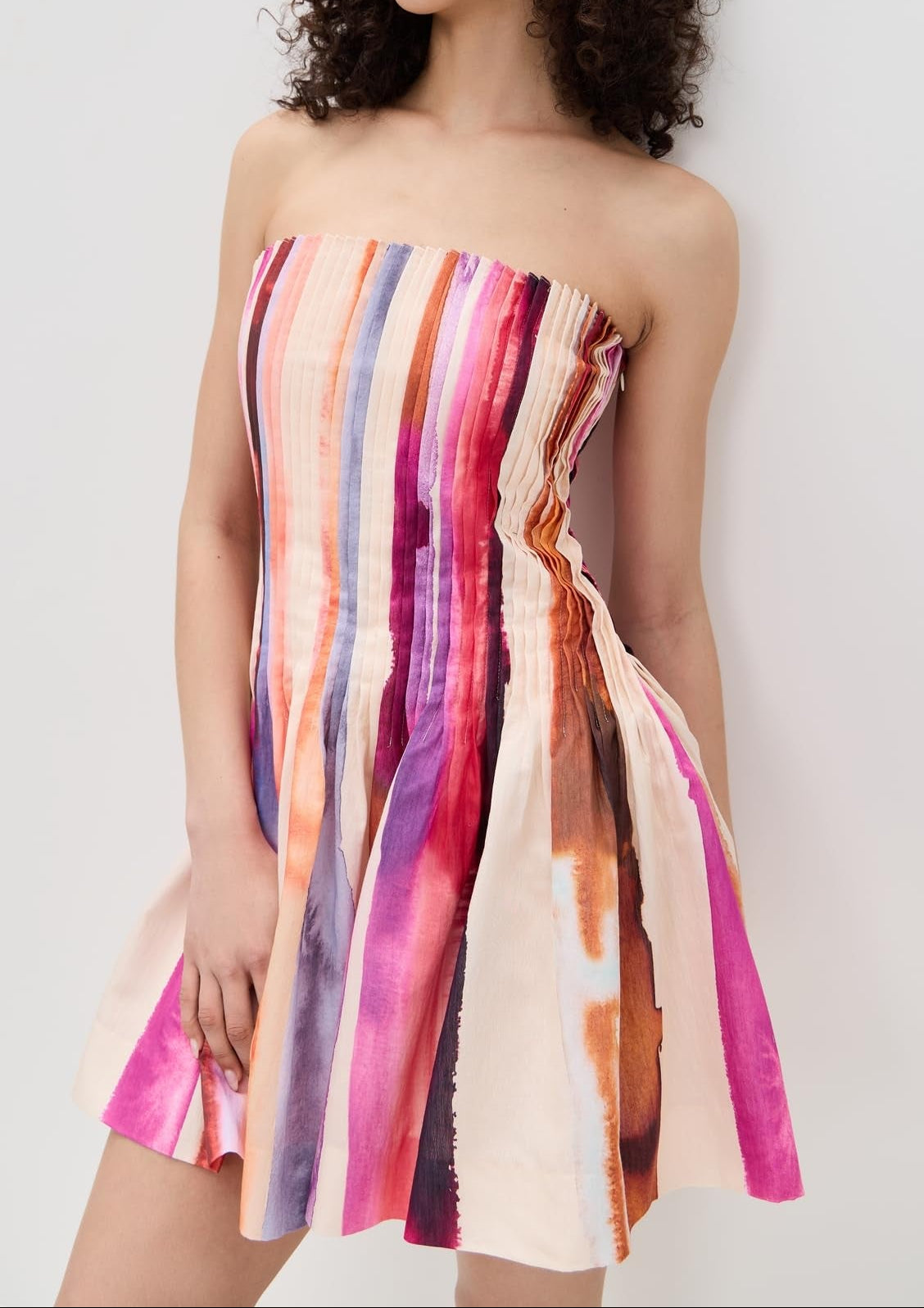 Vibrant Watercolor Stripe Strapless Pleated Mini Dress – Perfect for Beach Vacation & Date Night
