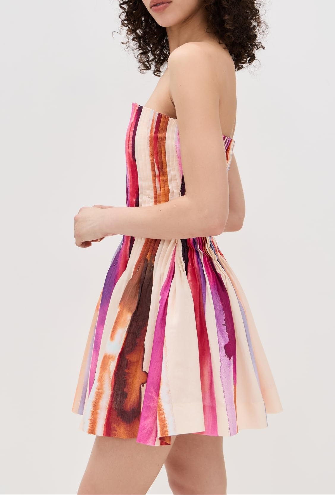 Vibrant Watercolor Stripe Strapless Pleated Mini Dress – Perfect for Beach Vacation & Date Night