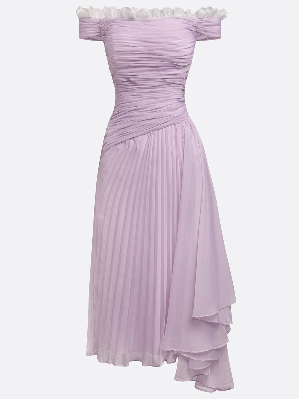 Romantic Off-Shoulder Pleated Occasion Dress in Lavender