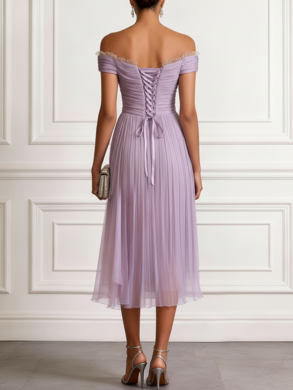 Romantic Off-Shoulder Pleated Occasion Dress in Lavender