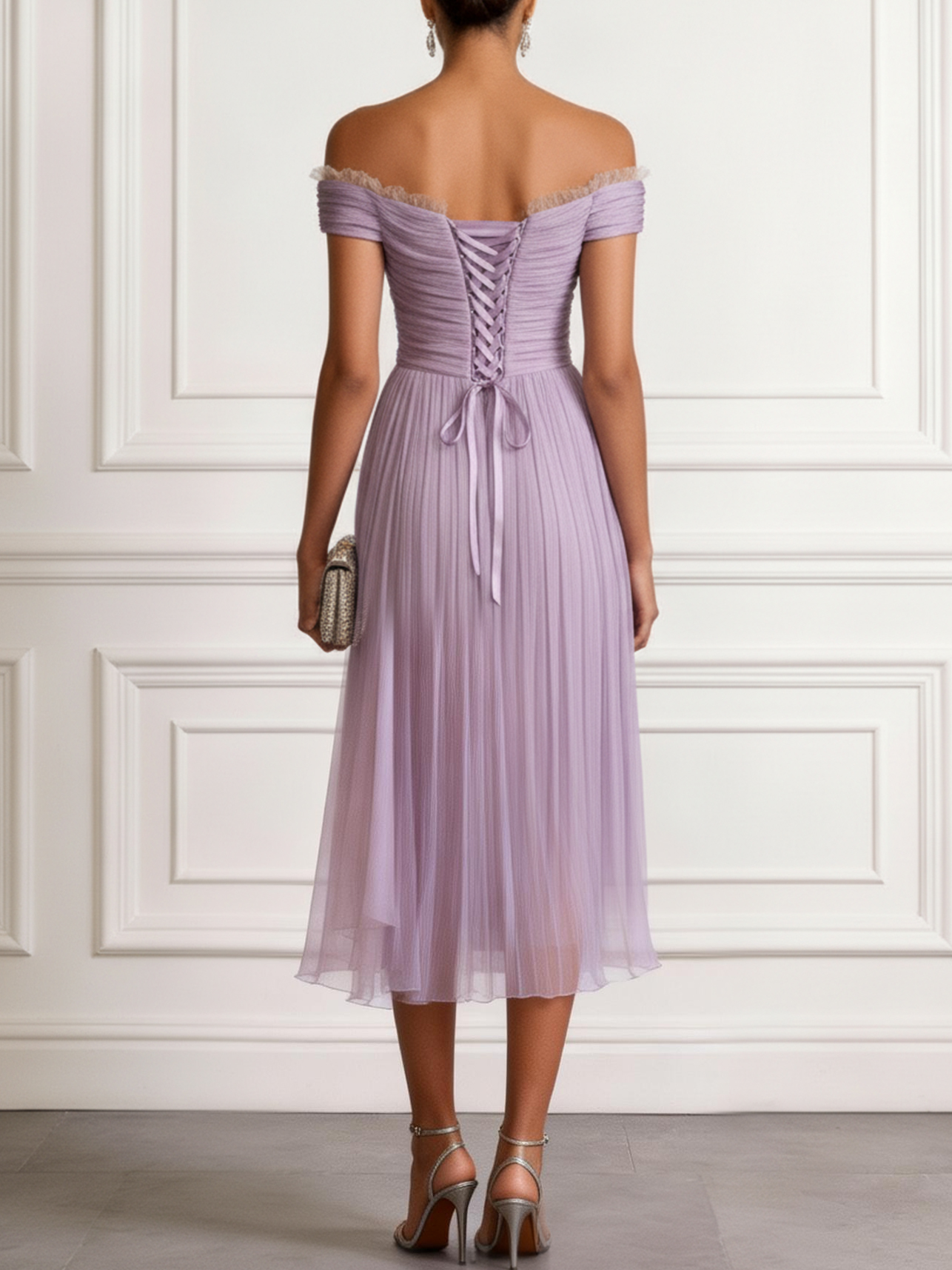 Romantic Off-Shoulder Pleated Occasion Dress in Lavender