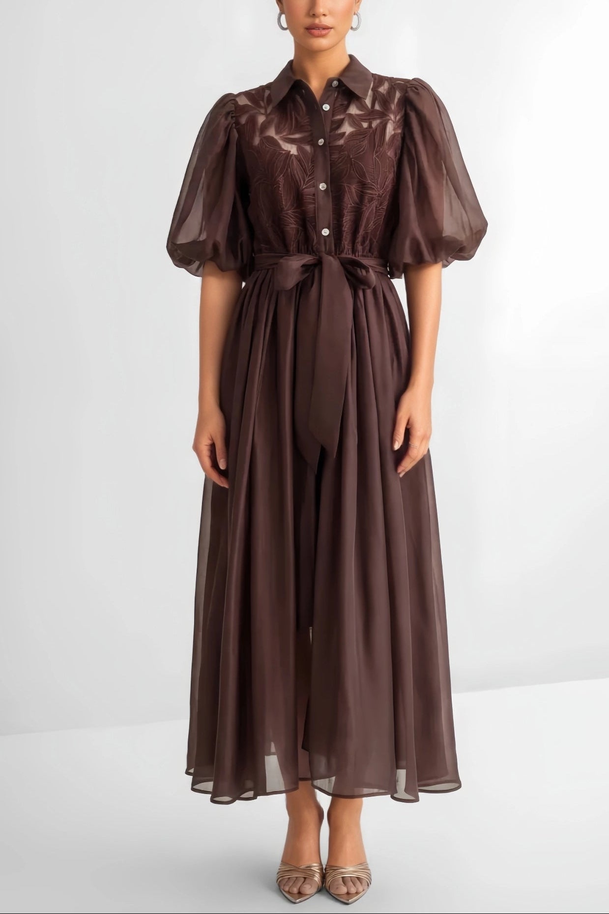 Embroidered Puff Sleeve Shirt Dress
