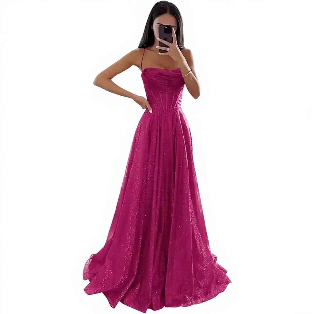 Magenta Glitter Strapless Corset Maxi Dress