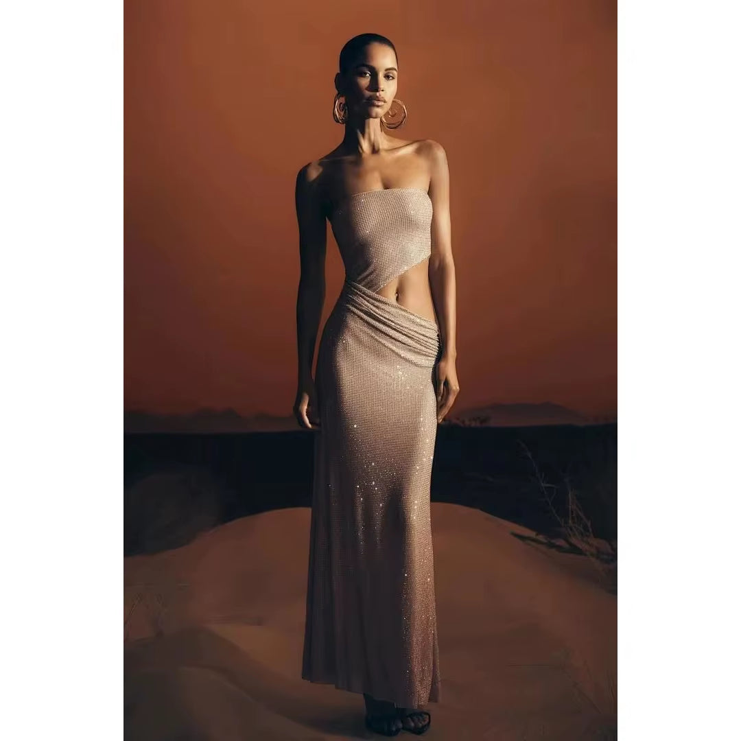 Champagne Sparkle Strapless Cutout Mermaid Evening Gown