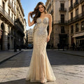 Elegant Nude Rhinestone Embellished Couture Maxi Dress