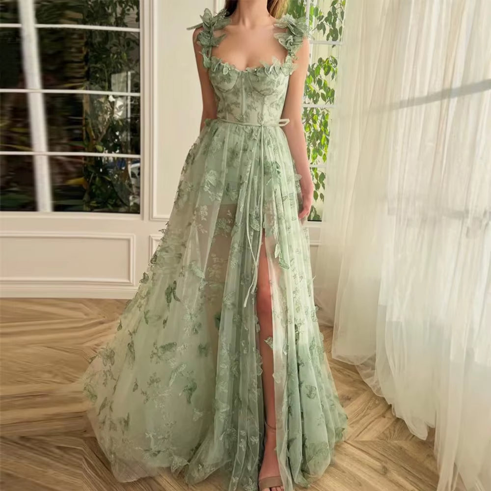 Elegant Mint Green Sheer Floral Appliqué Bridal Gown