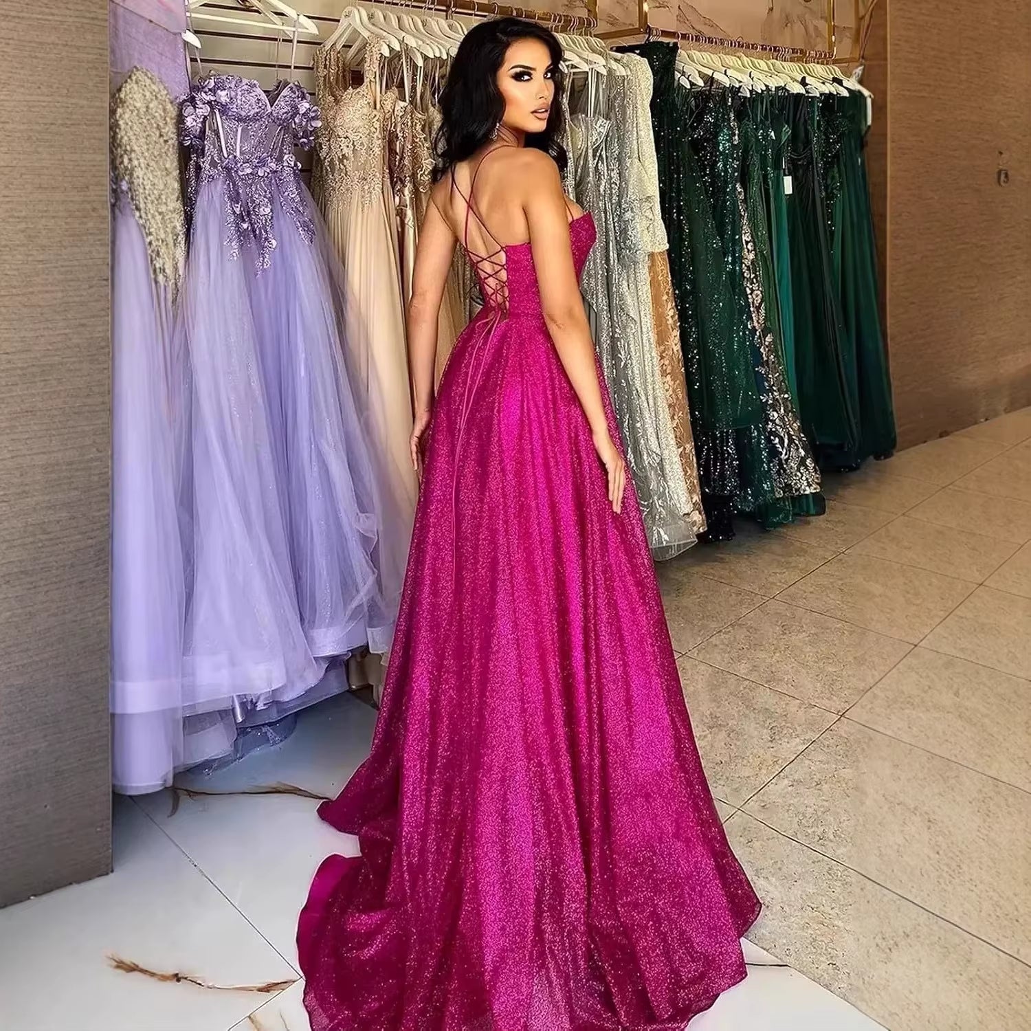 Magenta Glitter Strapless Corset Maxi Dress