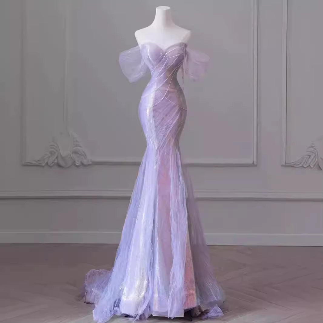 Lavender Sheer Mesh Corset Mermaid Evening Gown