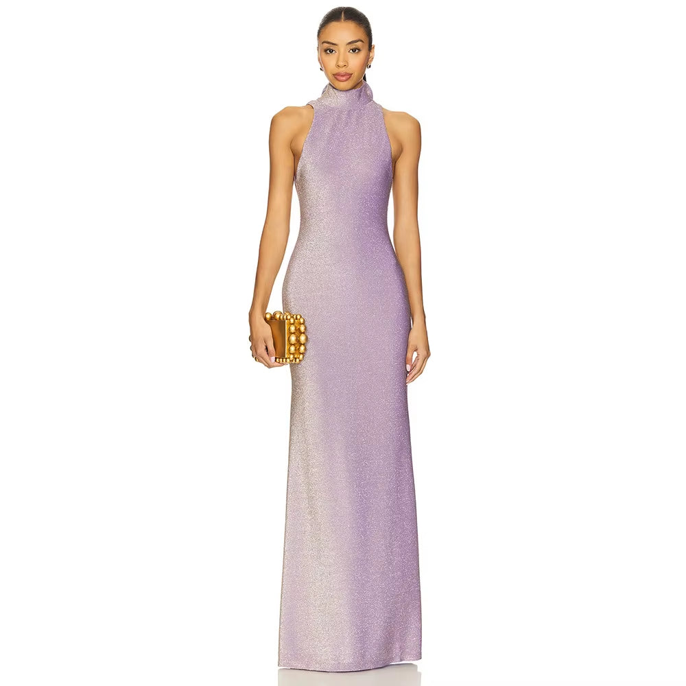 Lilac Glitter Halter Neck Bodycon Maxi Dress