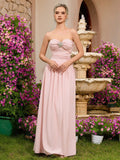 Blush Pink Strapless Ruched Rhinestone Center Maxi Dress