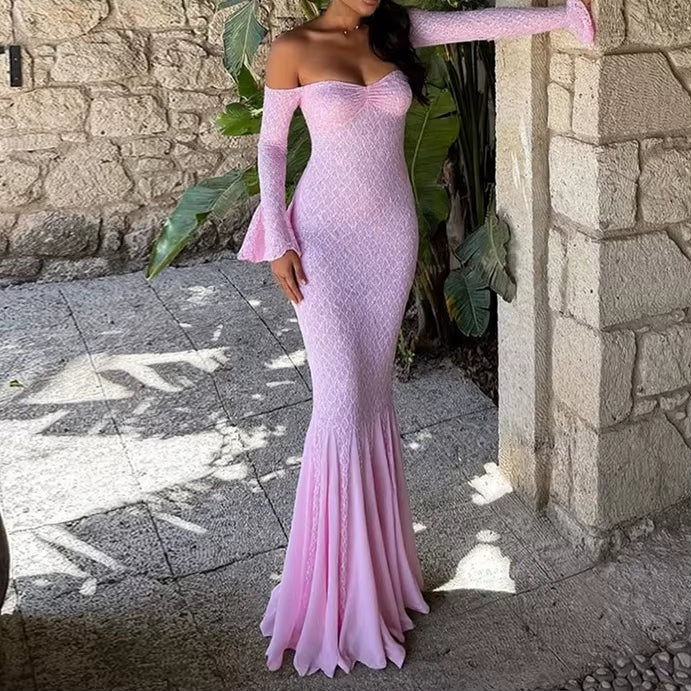 Baby Pink Off Shoulder Mermaid Glitter Evening Gown