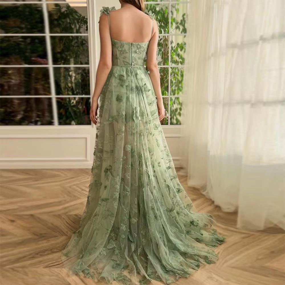 Elegant Mint Green Sheer Floral Appliqué Bridal Gown