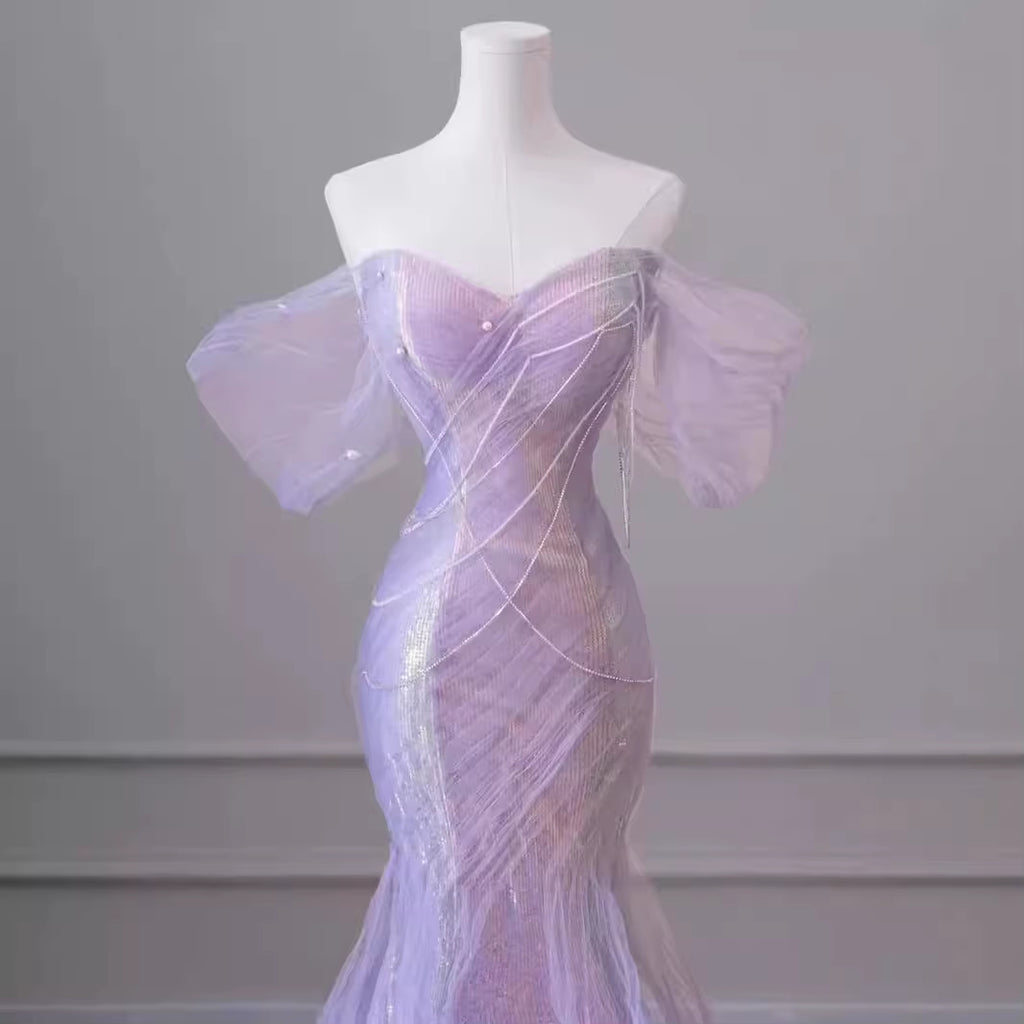 Lavender Sheer Mesh Corset Mermaid Evening Gown