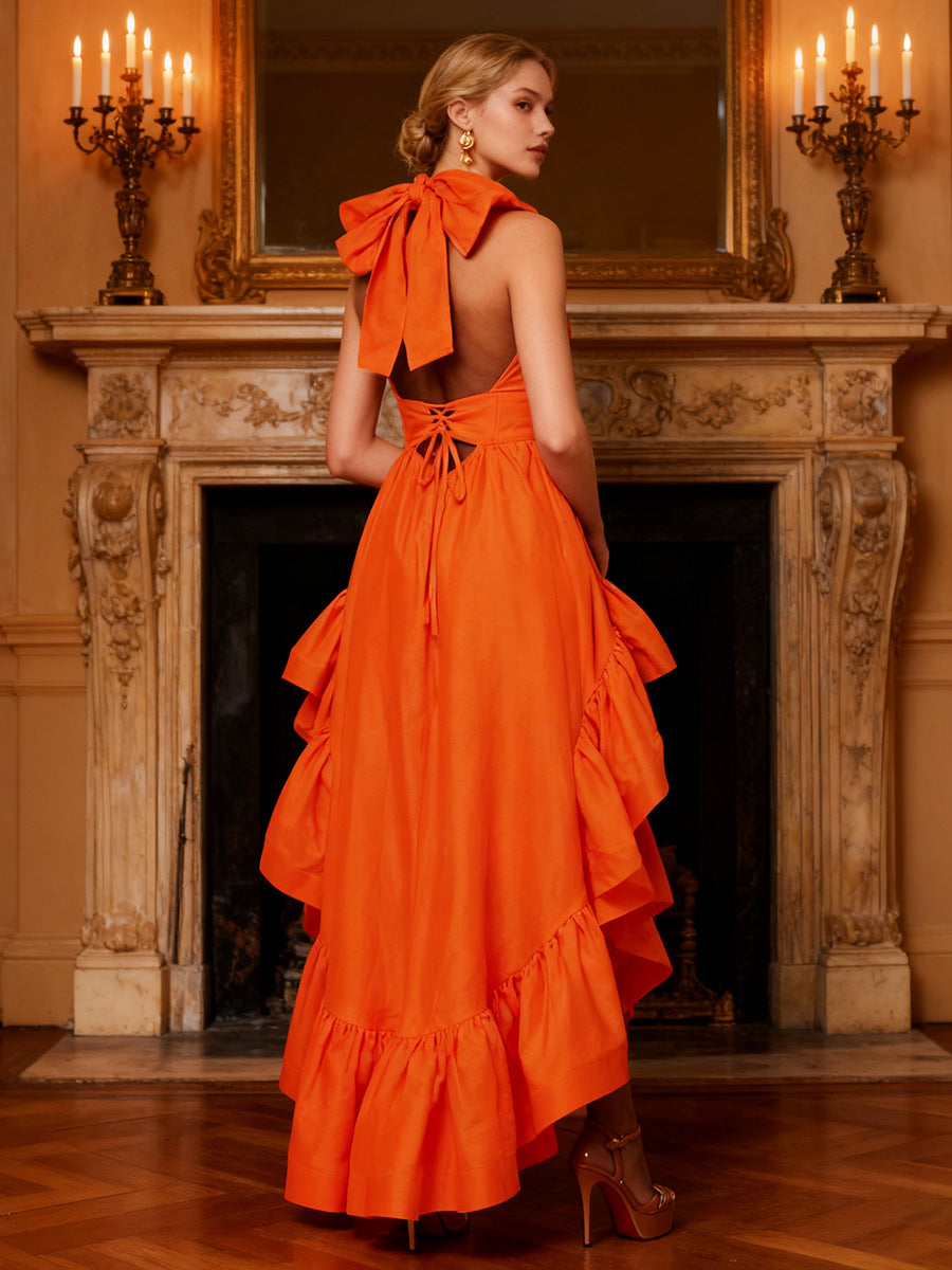 Burnt Orange High Low Halter Neck Ruffle Maxi Dress
