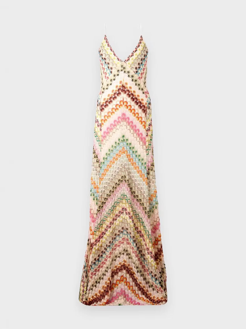 Elegant Bohemian Zigzag Pattern Spaghetti Strap Maxi Dress