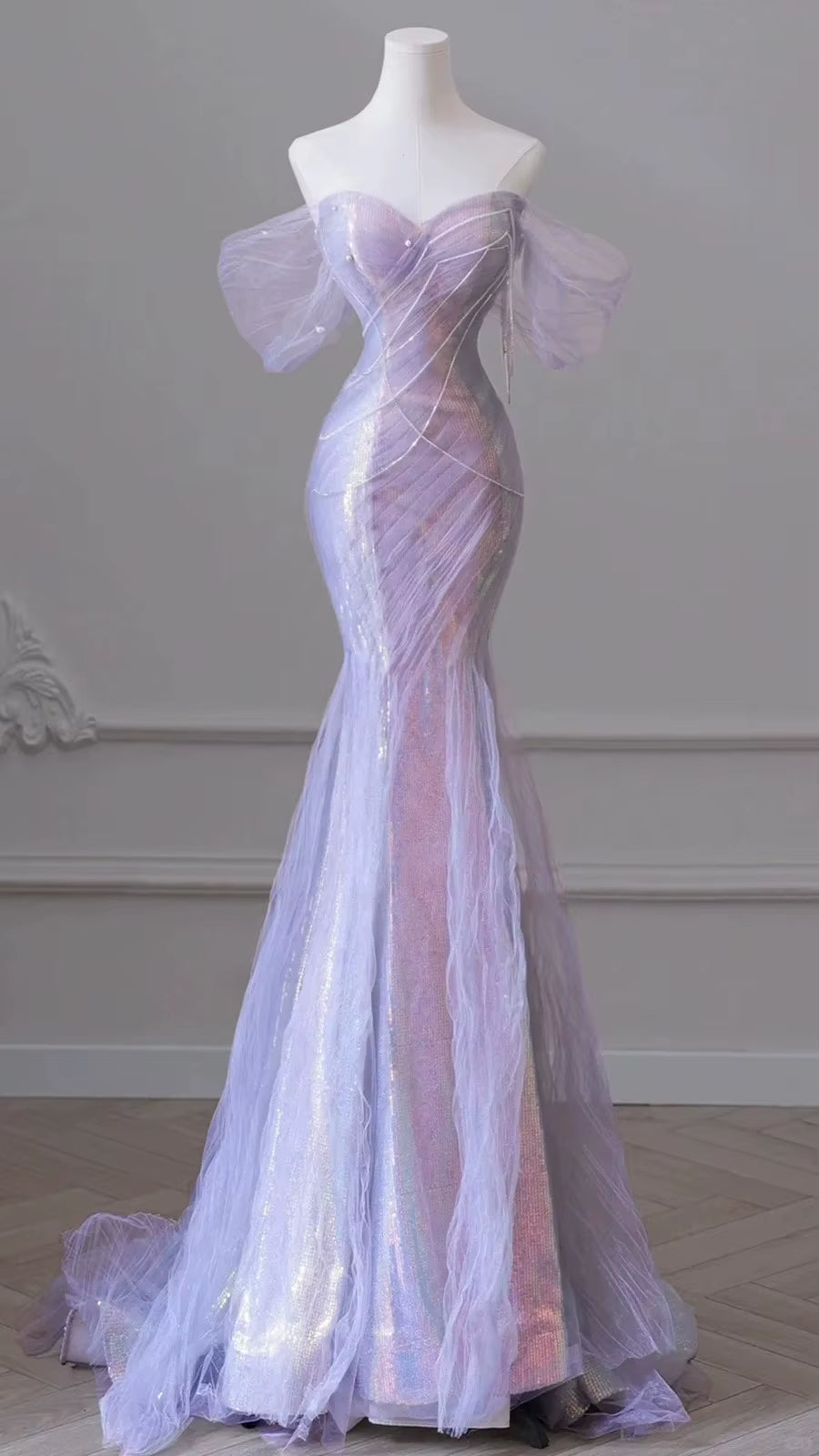 Lavender Sheer Mesh Corset Mermaid Evening Gown