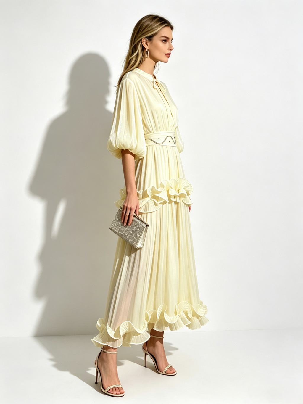 Lantern Sleeve Flowy Chiffon Dress for Women