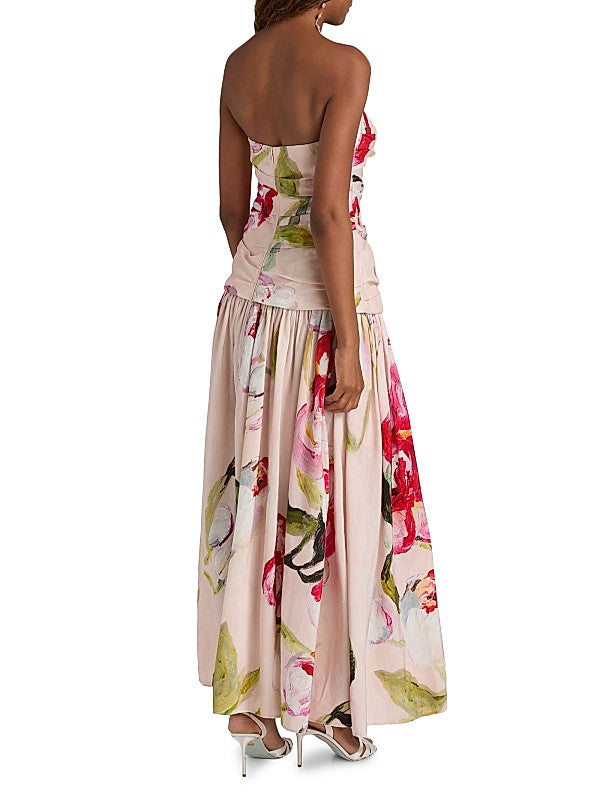Blush Floral Strapless Pleated Maxi Dress