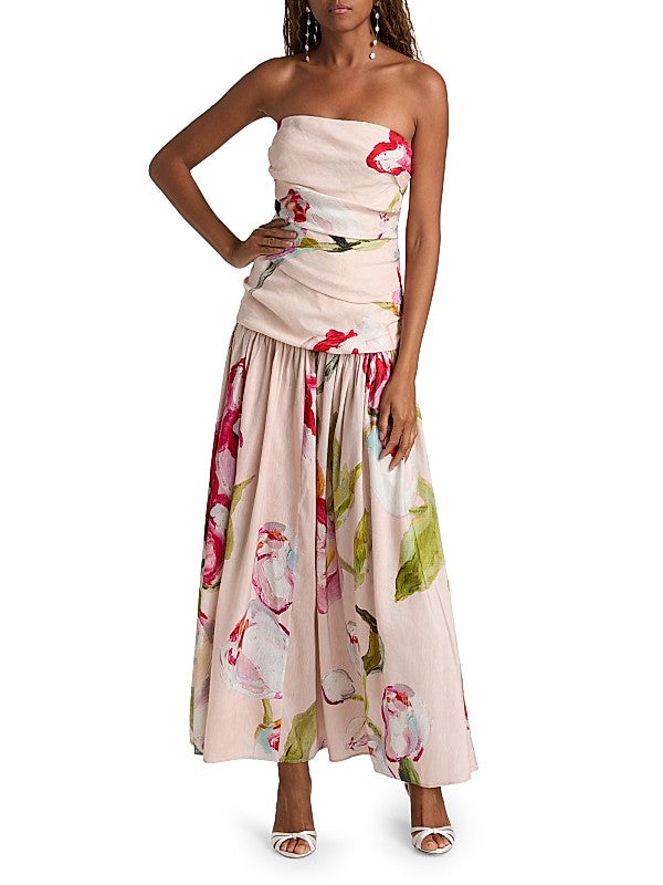 Blush Floral Strapless Pleated Maxi Dress