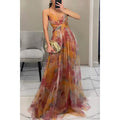 Multicolor Abstract Print Plissé Chiffon Maxi Dress