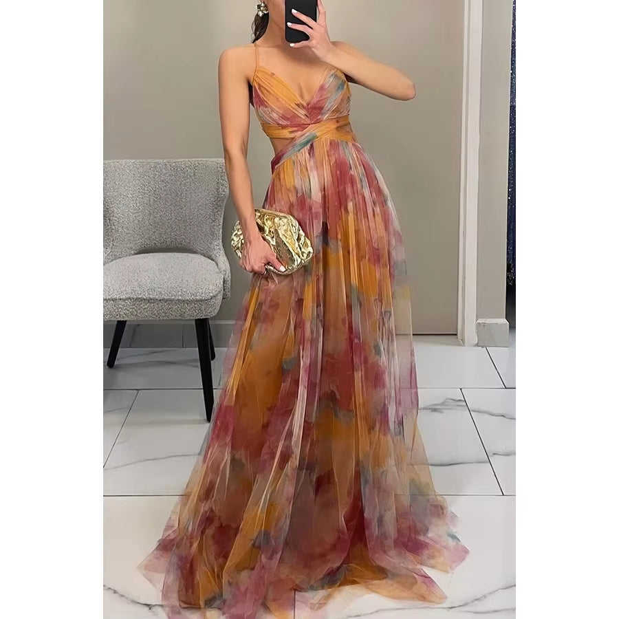 Multicolor Abstract Print Plissé Chiffon Maxi Dress